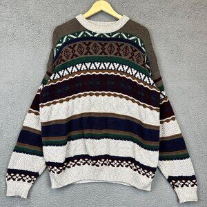 Vintage Bass Sweater Coogi Style Multicolor Crewneck‎ Knit Geometric Men's L USA